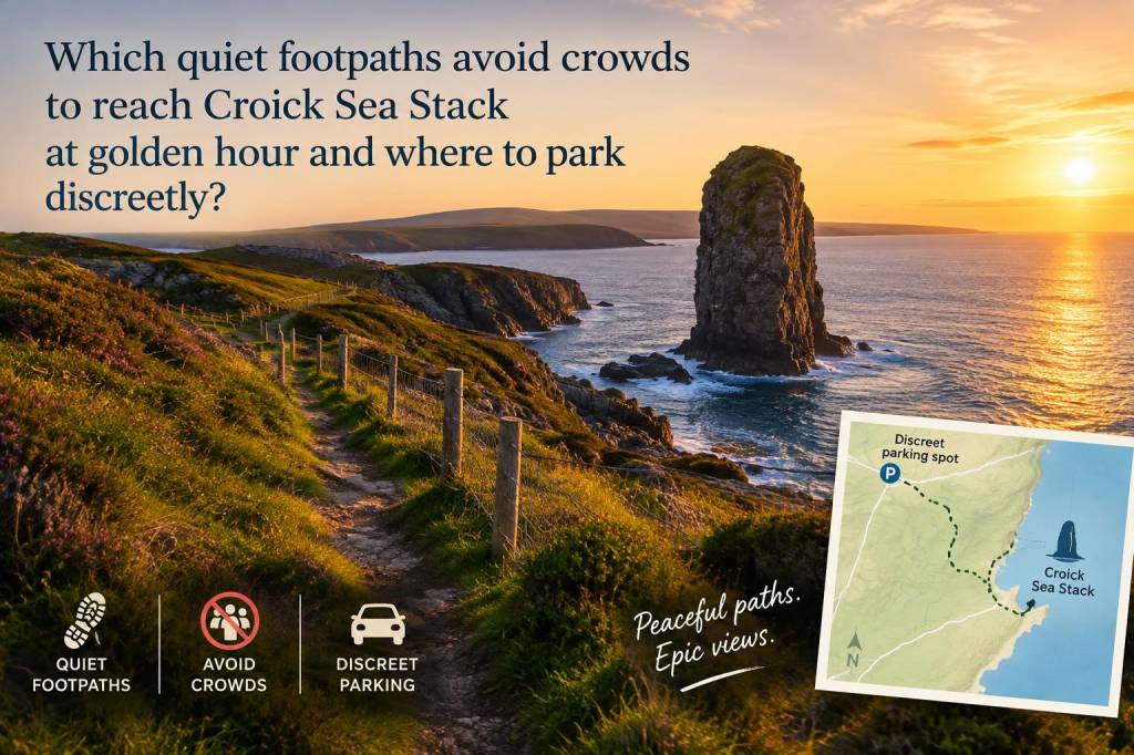 Which quiet footpaths avoid crowds to reach croick sea stack at golden hour and where to park discreetly