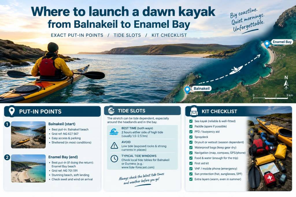 Where to launch a dawn kayak from balnakeil to enamel bay: exact put‑in points, tide slots and kit checklist